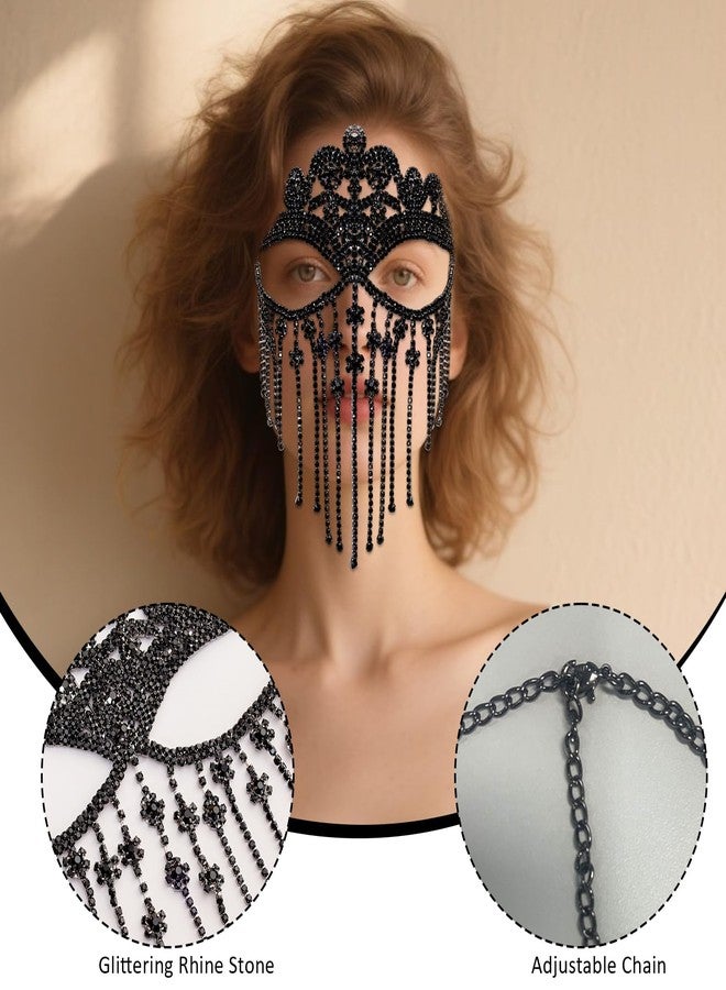 Avxdbr Tassel Mask Chain Gothic Veil Chain Costume Party Mask for Women Rhinestone Face Jewelry for Prom Night Clubs Christmas Halloween - Image 3